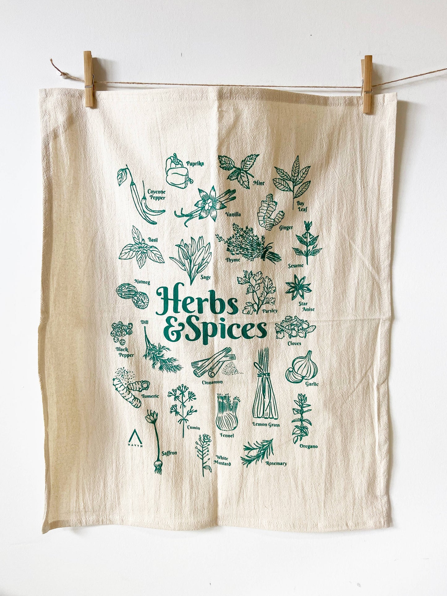 Herbs and Spices Organic Tea Towel Green - 20x24