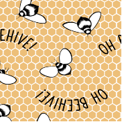 Pattern of bees and 'OH BEEHIVE!' text on a honeycomb background