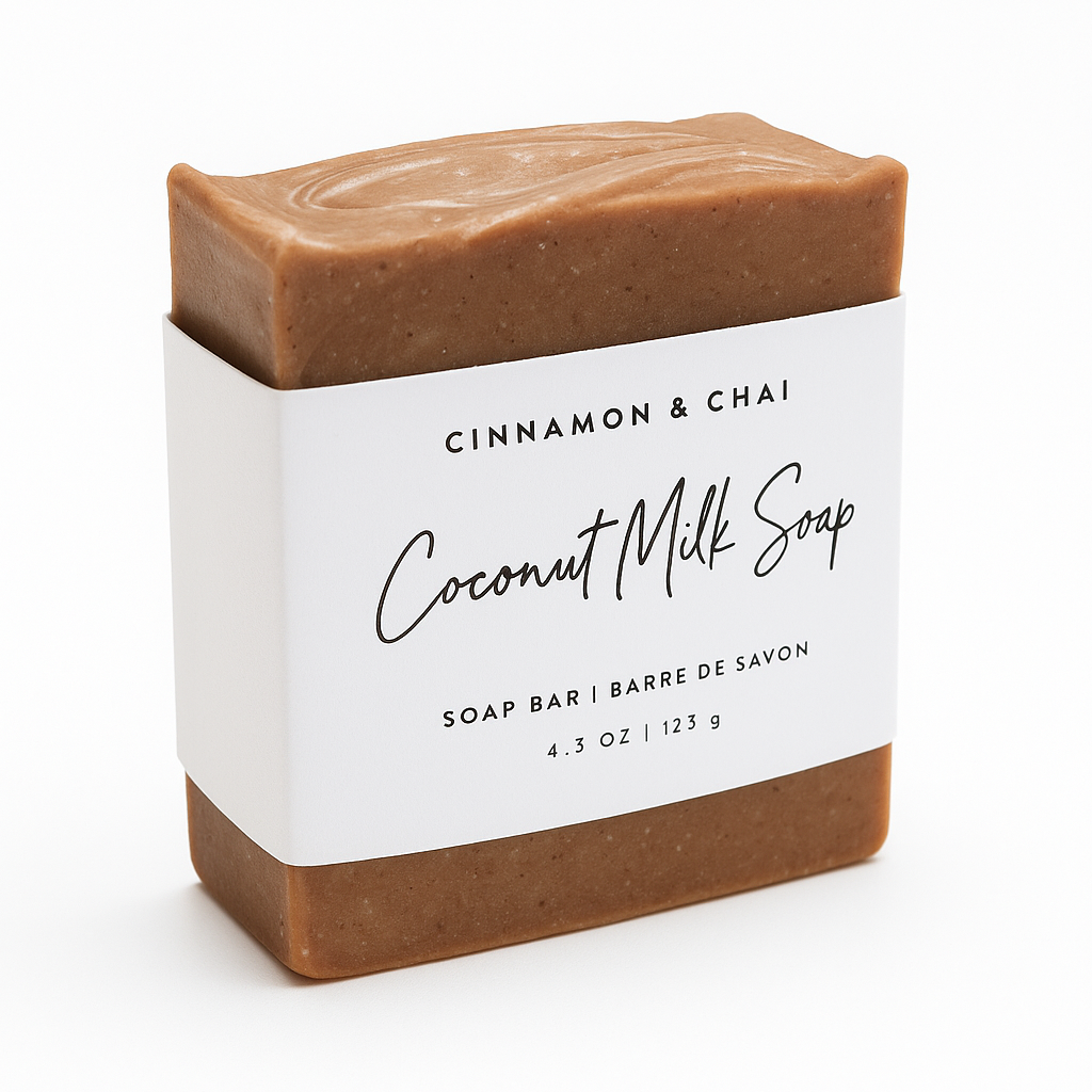 Coconut milk soap bar with 'Cinnamon & Chai' label on a white background