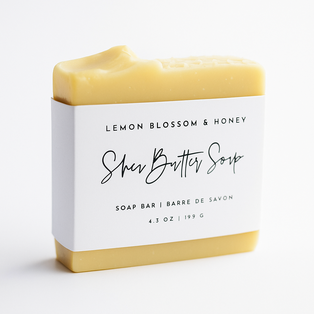 Bar of soap with a white label on a white background