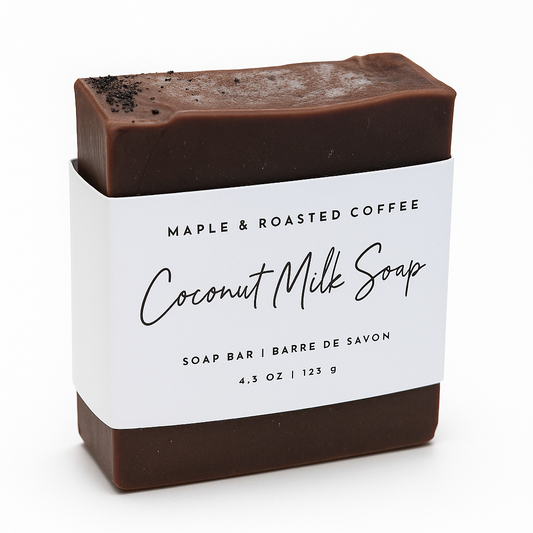Coconut milk soap bar with a white label on a white background
