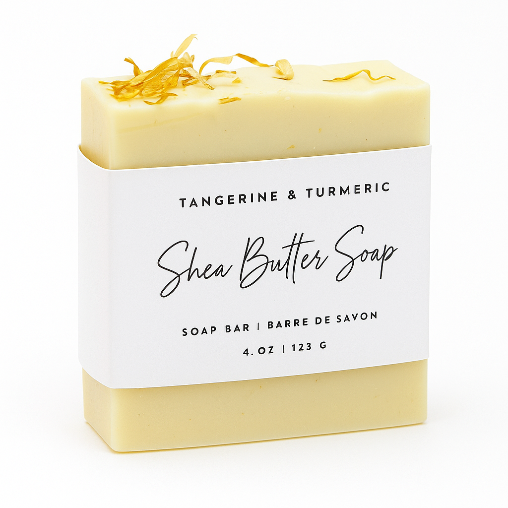 Shea Butter Soap bar with tangerine and turmeric fragrance on a white background